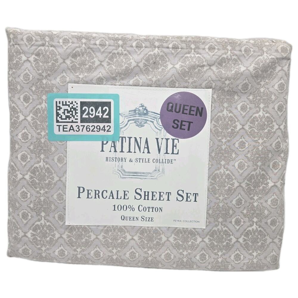 PATINA VIE QUEEN SHEET SET 4Pc Percale 100% Cotton Flowering Vtr Gray Medallion